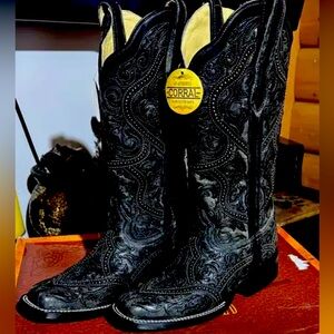 Corral Studded Lace Embroidery Square Toe Cowgirl Boots